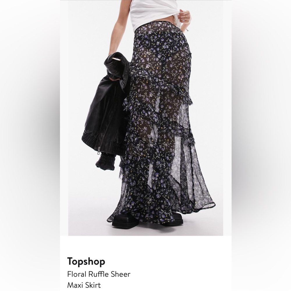Topshop Black Floral Sheer Ruffle Maxi Skirt